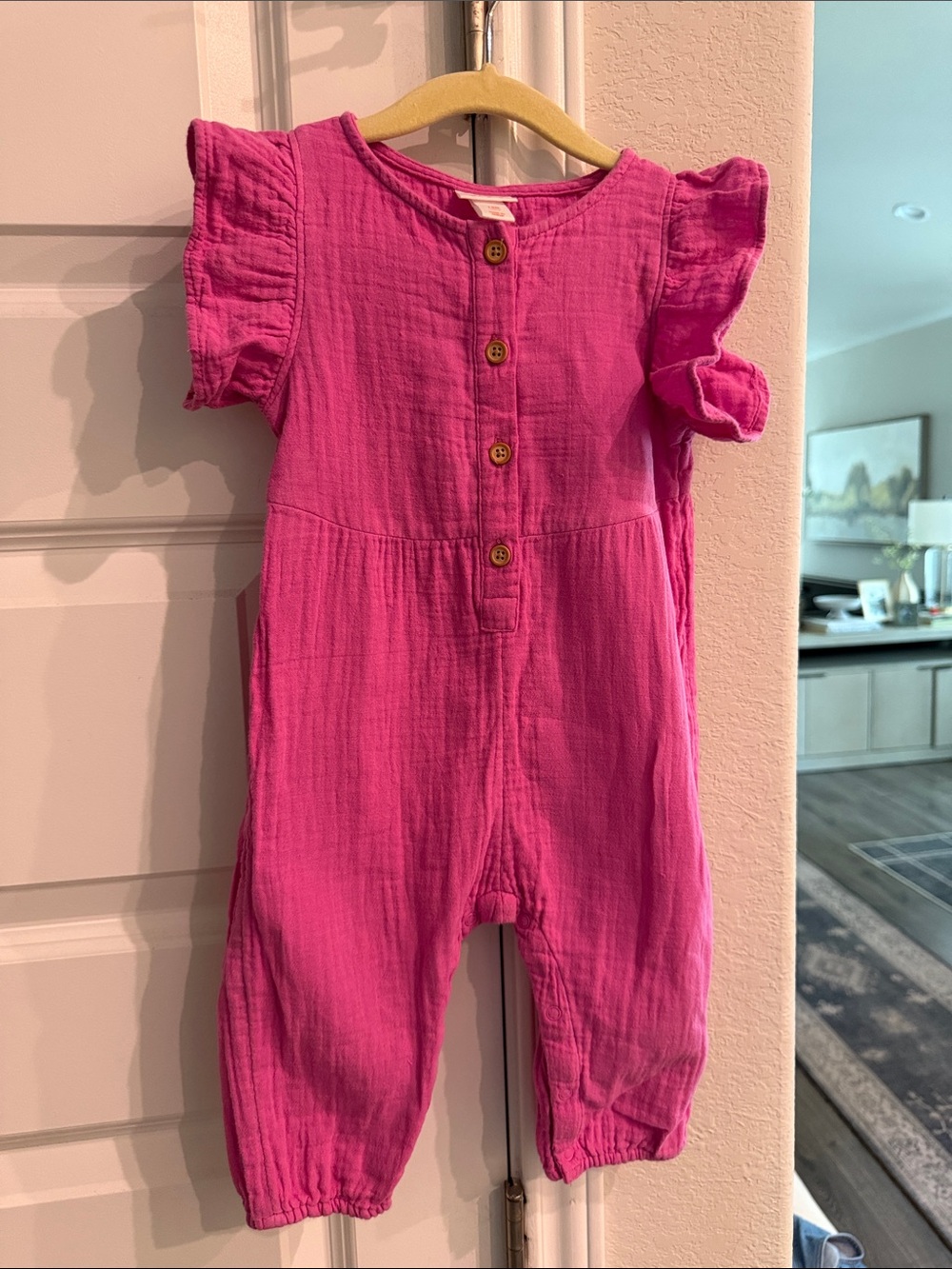 Bright Pink Ruffle Sleeve Baby Romper 12M